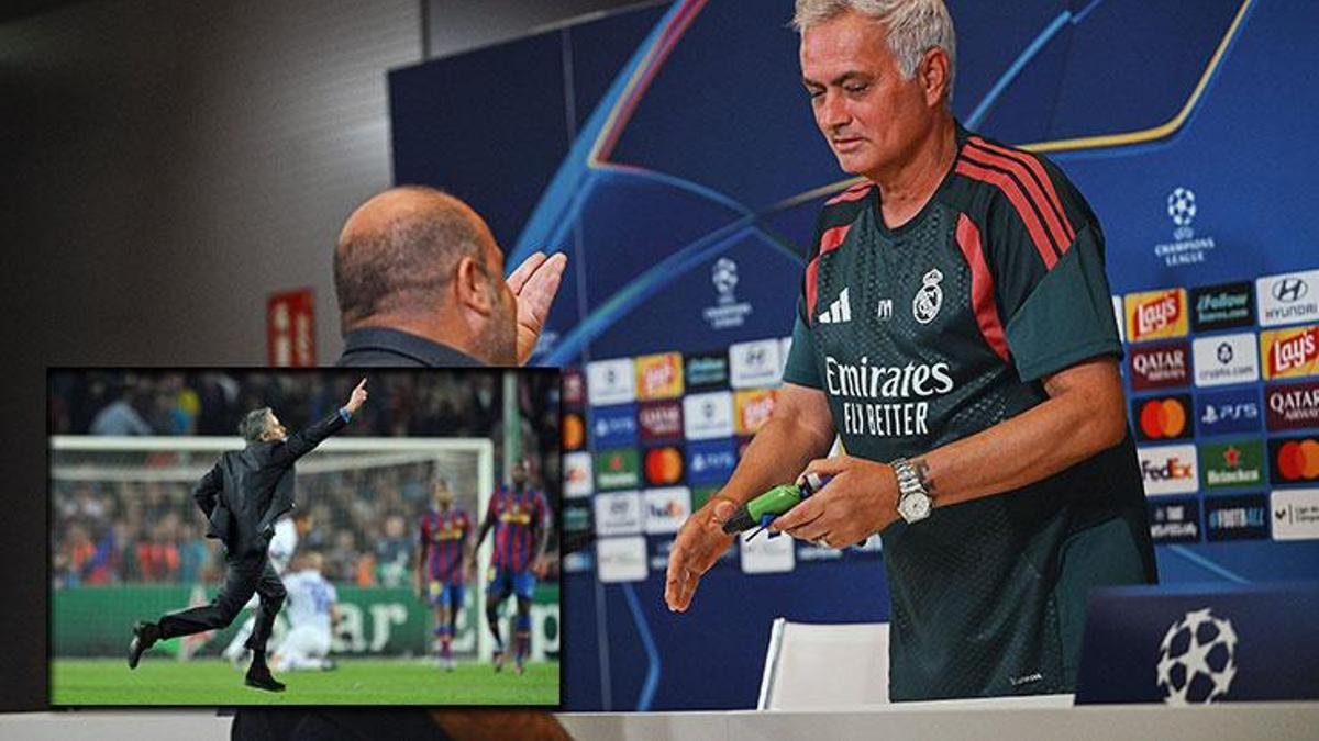 Jose Mourinho'ya basın toplantısında 'fıskiye' hediye edildi! Barcelona'ya büyük gönderme - Fanatik Gazetesi Futbol Haberleri - Spor